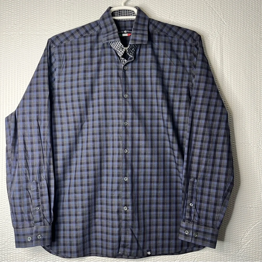 Stone Rose Made In Italy Blue/Grey/Black Check Dress Shirt Size S